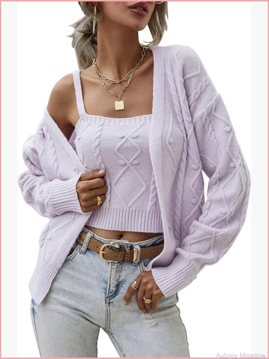 Sweaters - Women's 2-Piece Cropped Tank & Cardigan Sweater Set Cable Knit